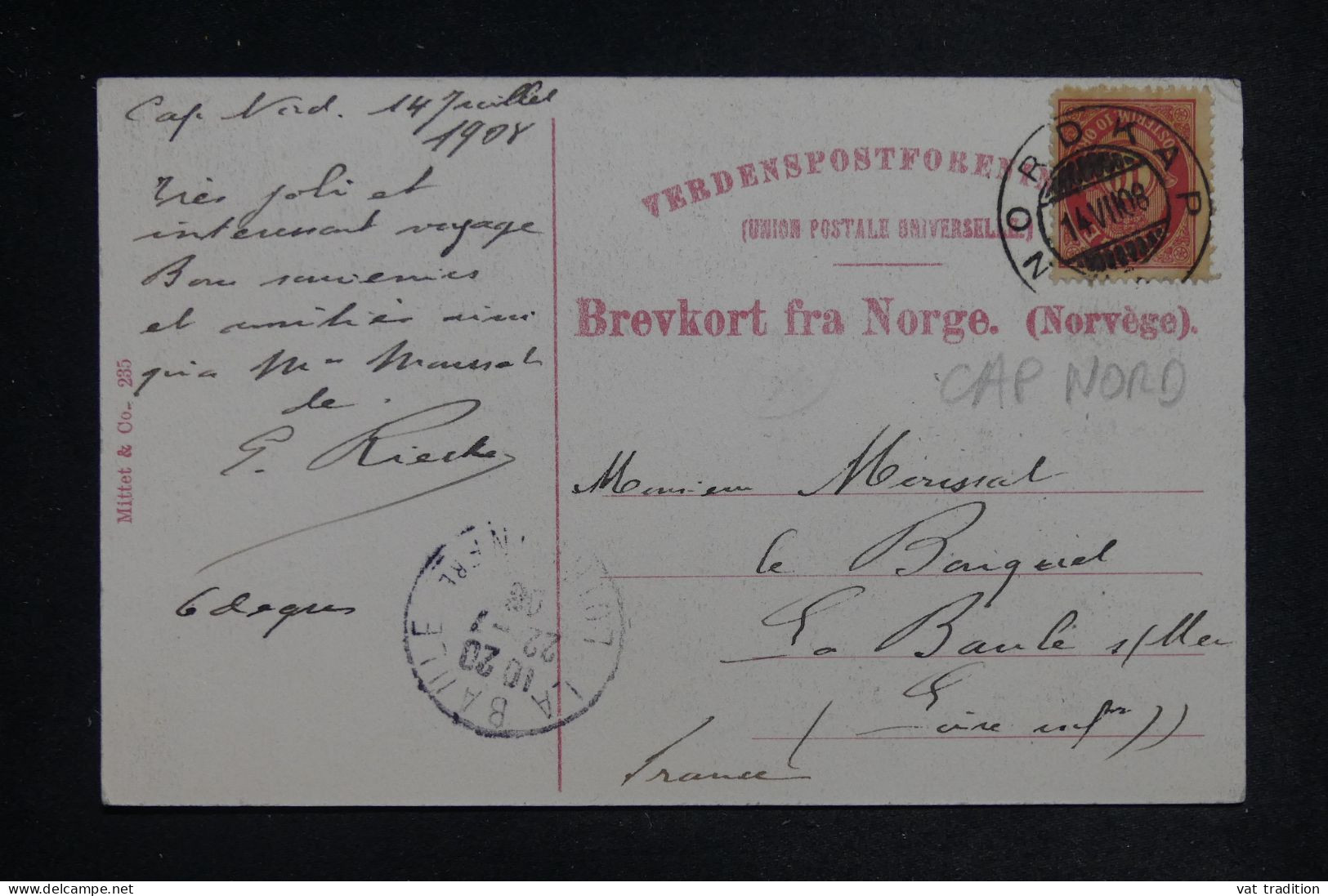 NORVÈGE - Affranchissement De Nordkap Sur Carte Postale Pour La France En 1908 - L 151850 - Briefe U. Dokumente