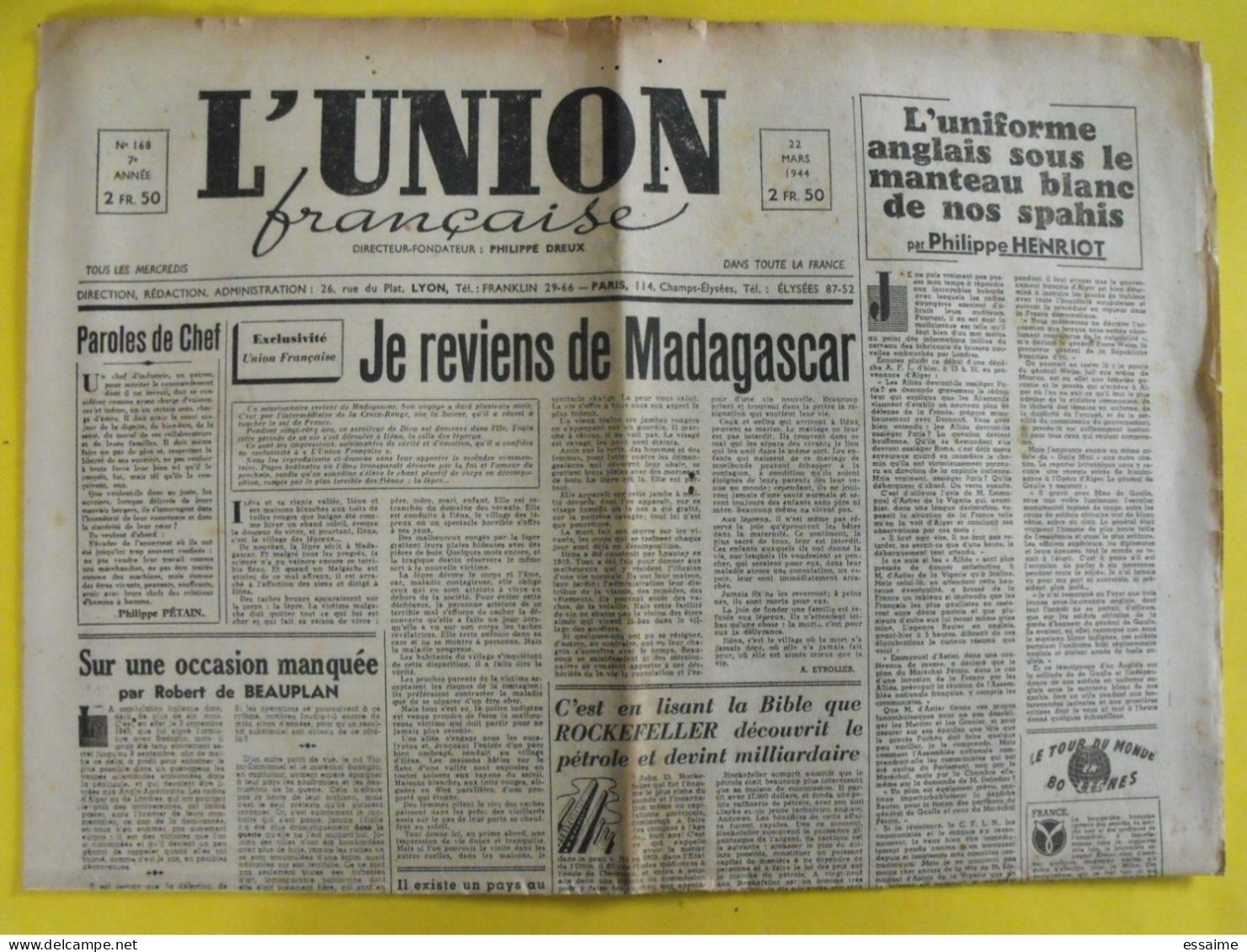 L'Union Française N° 168 Du 22 Mars 1944. Philippe Dreux MNS Henriot Pétain Beauplan Collaboration Milice Légion LVF - Altri & Non Classificati