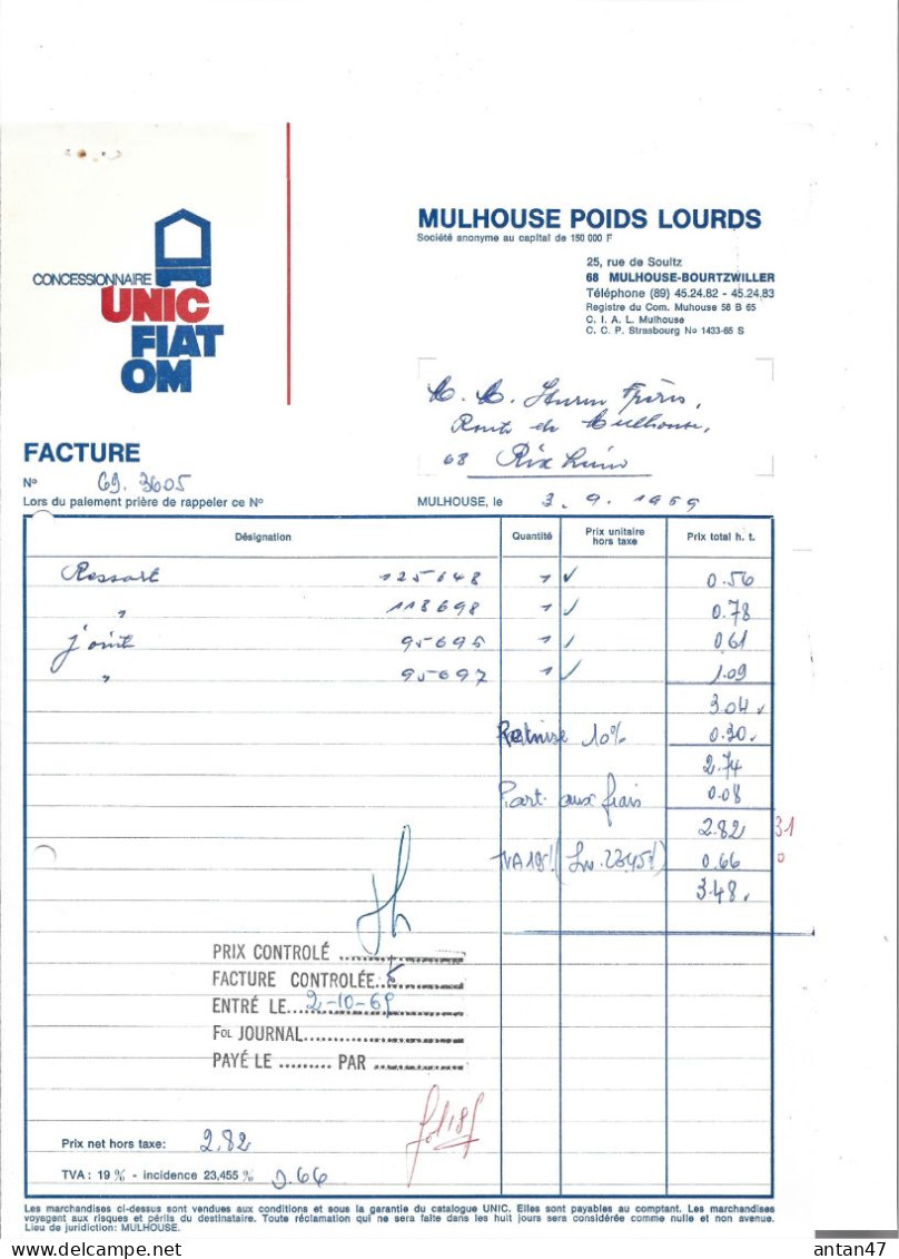 2 Factures 1962-69 / 68 MULHOUSE BOURTZWILLER / Garage MULHOUSE POIDS LOURDS Pour Sturm Rixeim - Cars