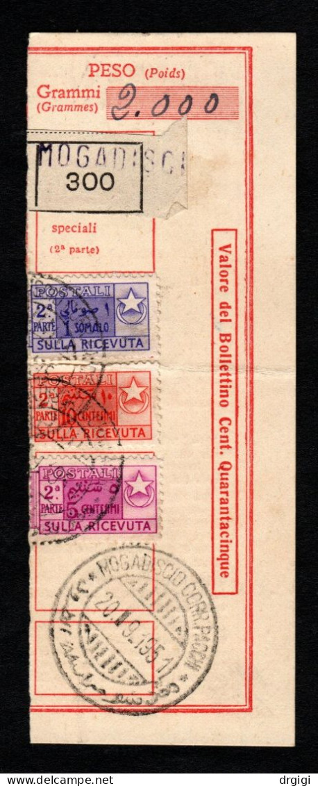 SOMALIA AFIS, I.P. P24, RICEV. BOLLETTINO PACCHI POSTALI, 1951 , DA MOGADISCIO - Somalia (AFIS)