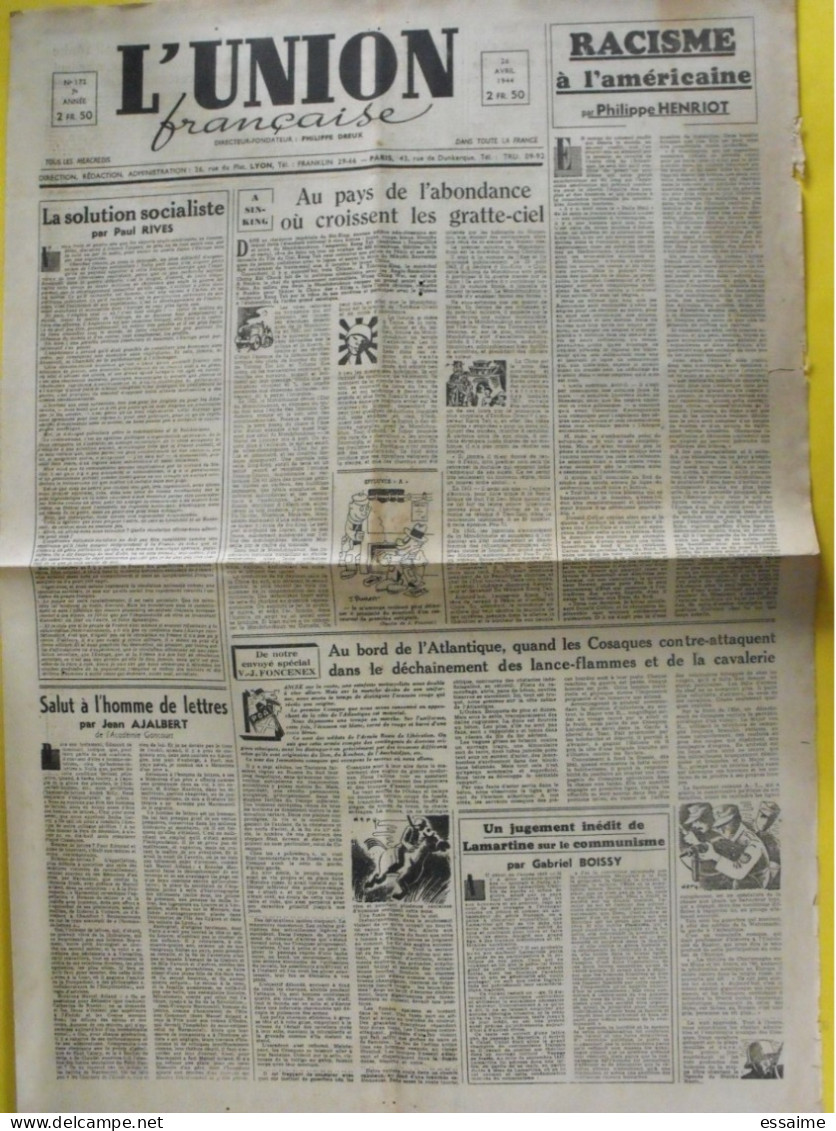 L'Union Française N° 172 Du 26 Avril 1944. Philippe Dreux MNS Henriot Rives Ajalbert Collaboration Milice Légion LVF - Other & Unclassified