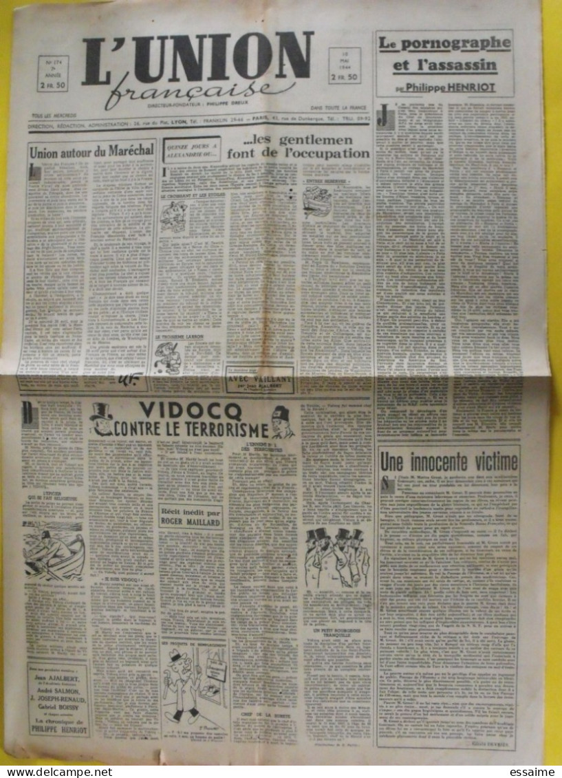 L'Union Française N° 174 Du 10 Mai 1944. Philippe Dreux MNS Henriot Maillard Ajalbert Collaboration Milice Légion LVF - Altri & Non Classificati