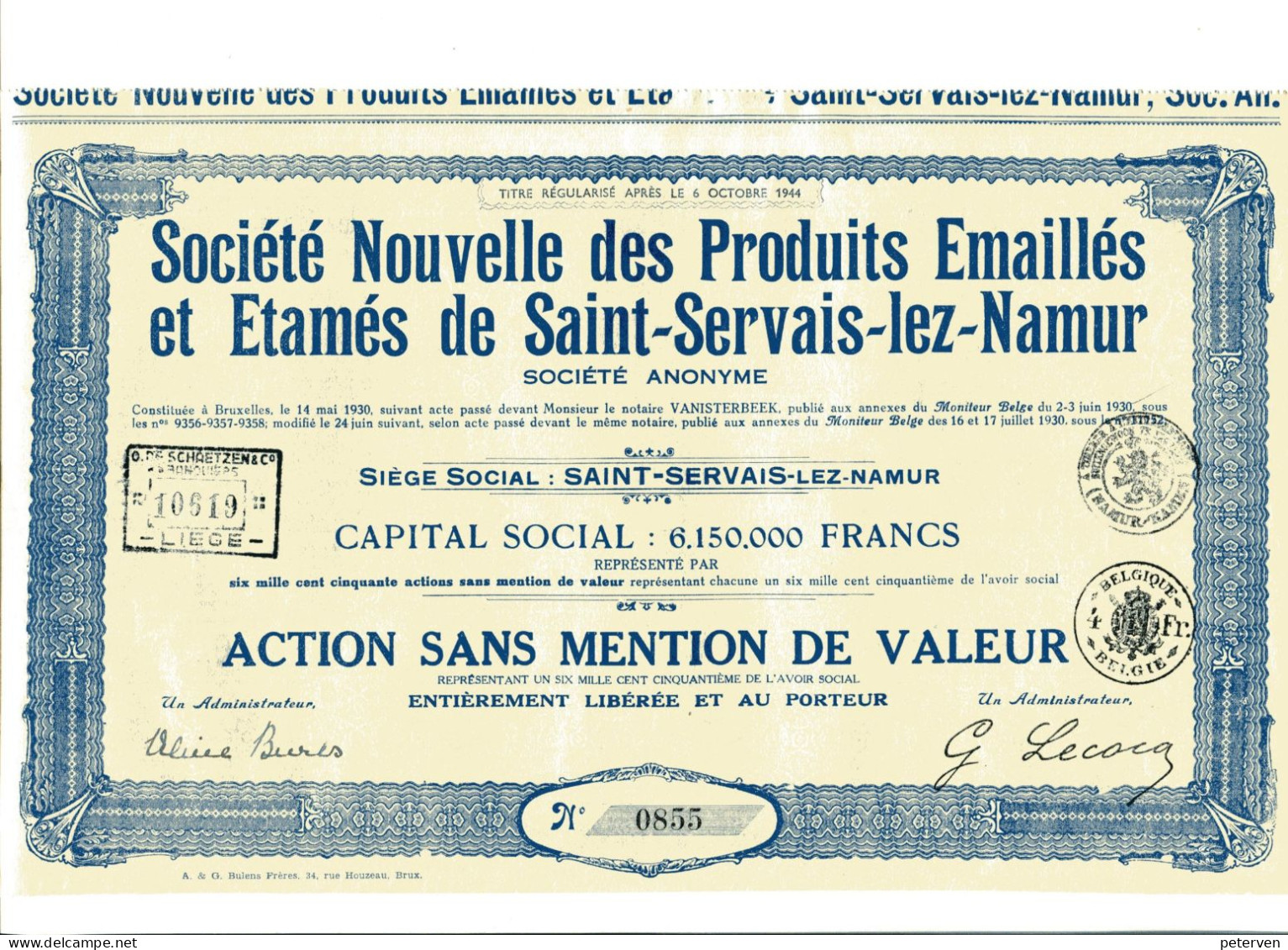 Sté NOUVELLE Des PRODUITS EMAILLÉS Et ÉTAMÉS De SAINT-SERVAIS-lez-NAMUR - Industrie