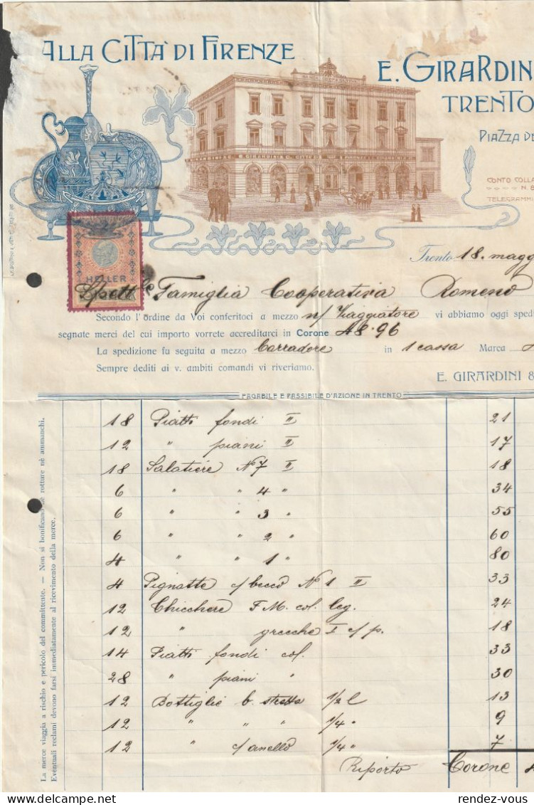 Fattura Comm. Con Marca Da Bollo  -  Anno  1905  -  Trento  -  " Ditta  Alla Città Di Firenze " Di E. Girardini  &  C°. - Italien