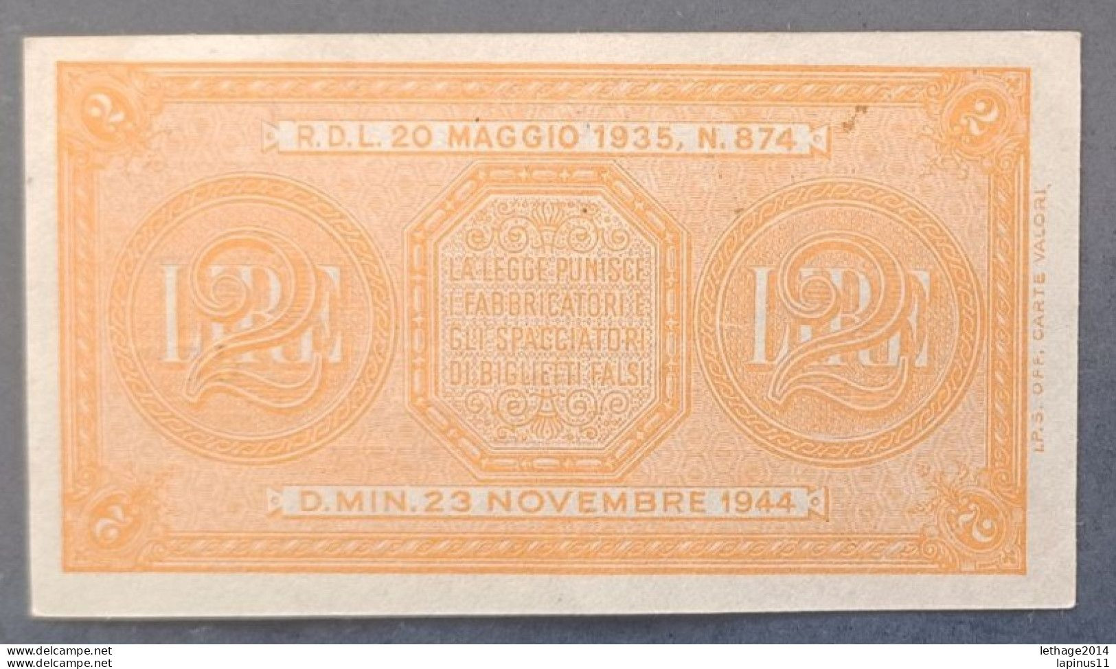 BANKNOTE ITALIA REGNO VITTORIO EMANUELE 2 LIRE 1944 VENTURA GIOVINCO NON CIRCOLATA - Italië – 2 Lire