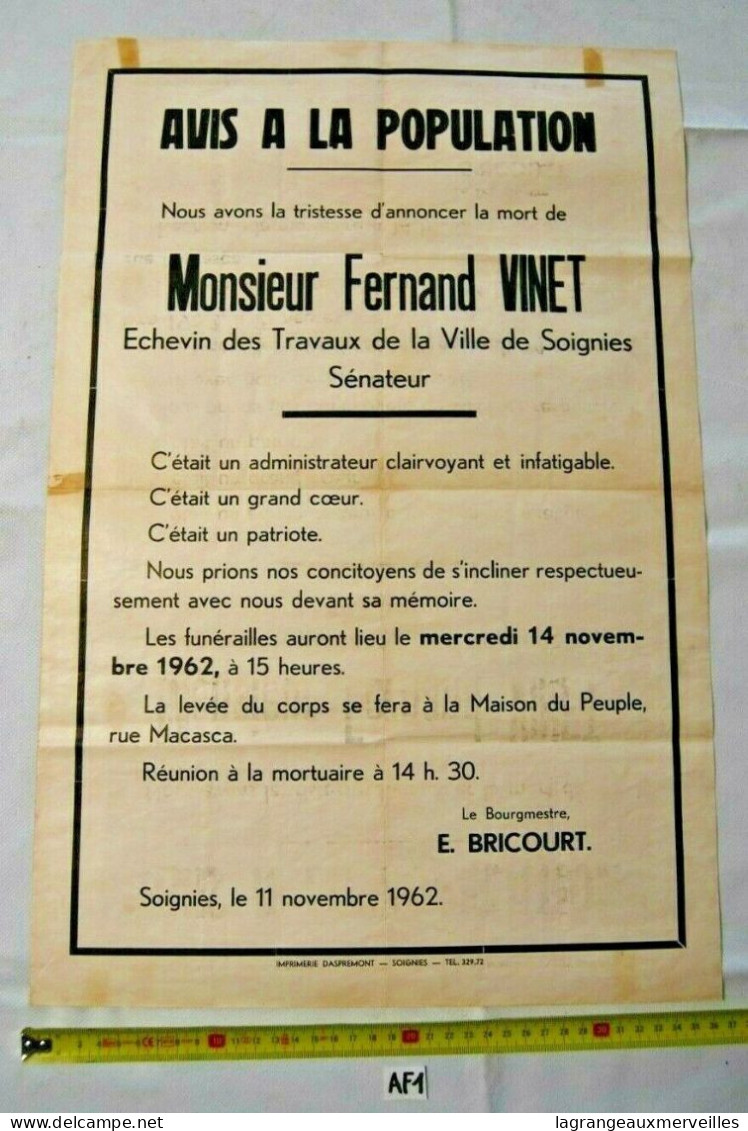 AF1 Ancienne Affiche Décès - Fernand Vinet - Soignies - Plakate