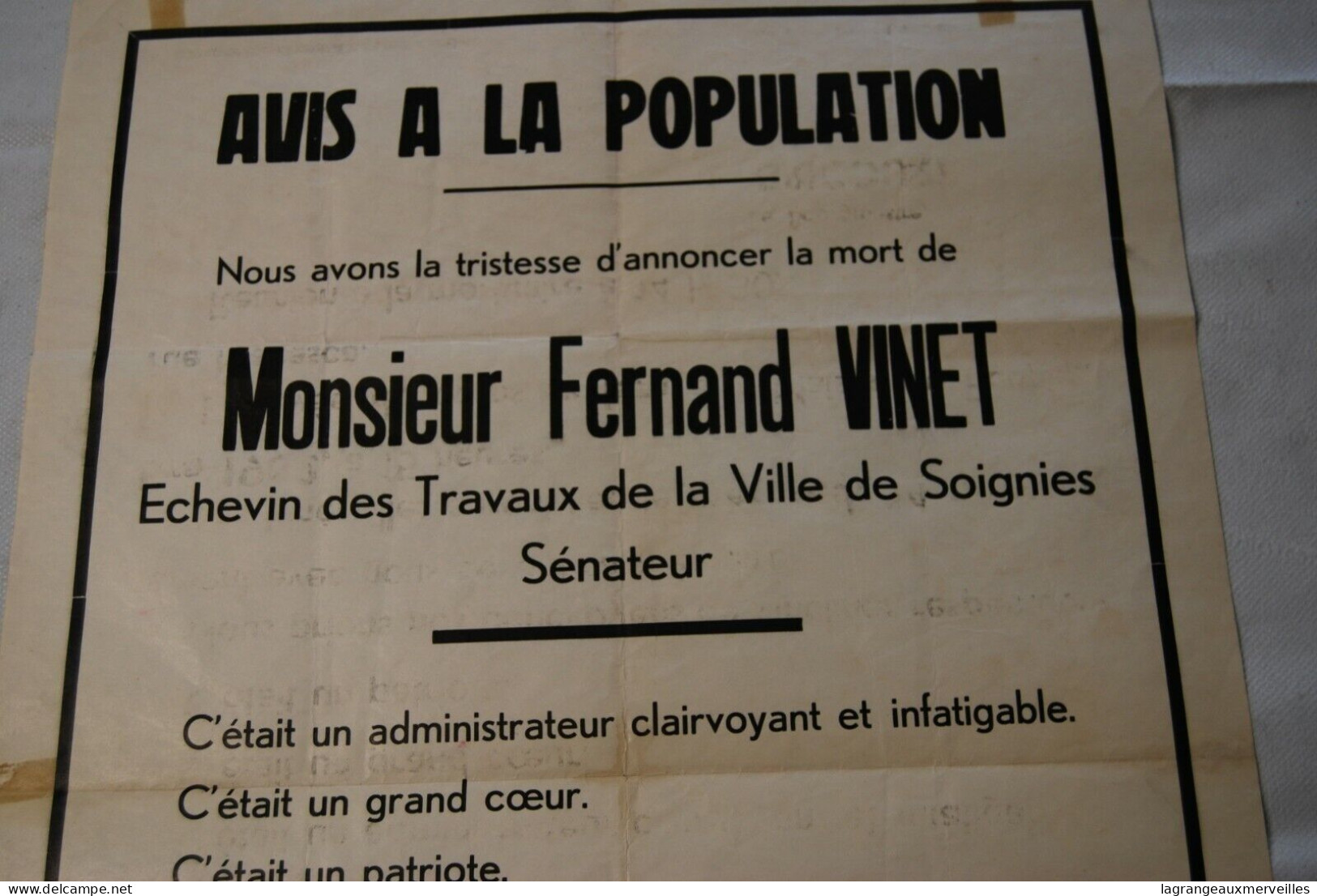 AF1 Ancienne Affiche Décès - Fernand Vinet - Soignies - Manifesti