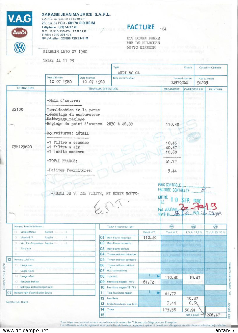 2 Factures 1980 / 68 RIXHEIM  / Garage MAURICE Agent AG AUDI Pour Sturm Rixheim - Cars