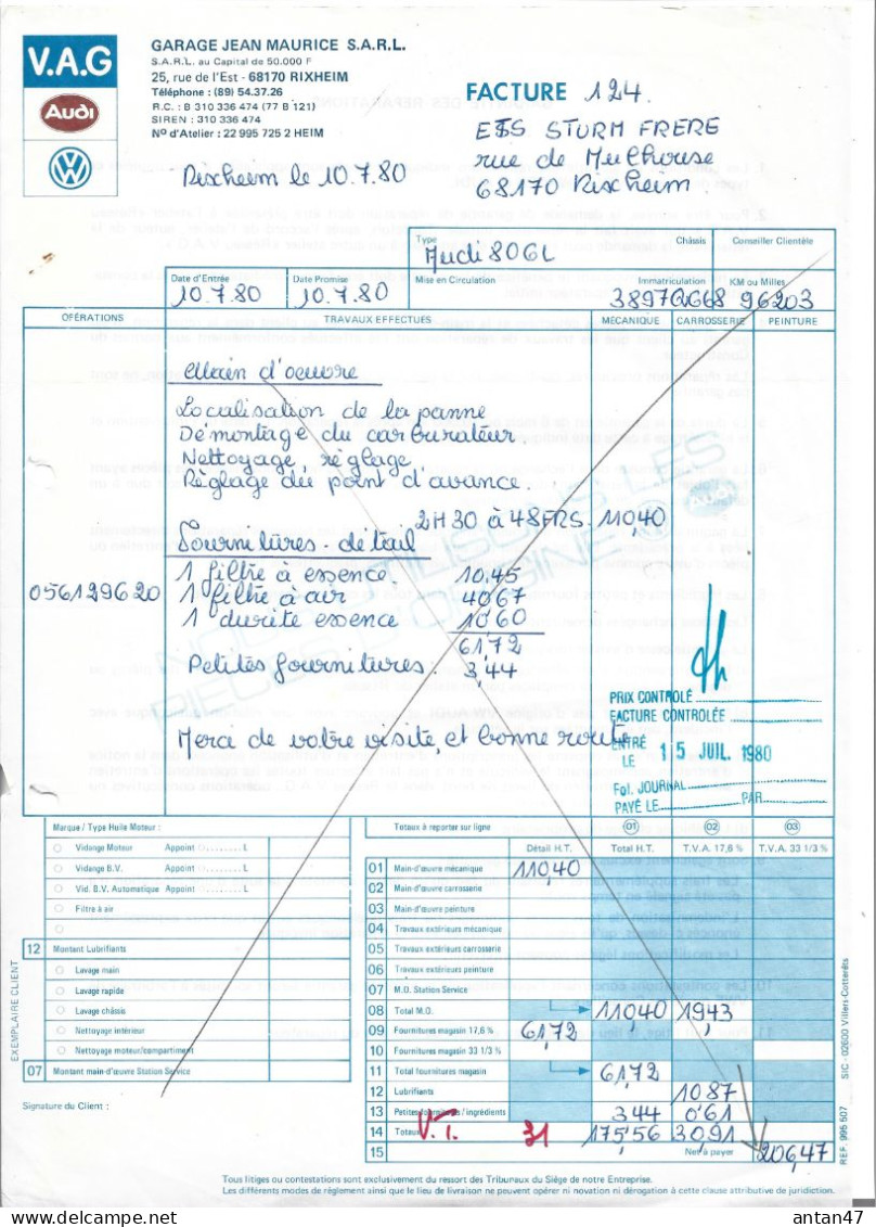 2 Factures 1980 / 68 RIXHEIM  / Garage MAURICE Agent AG AUDI Pour Sturm Rixheim - Cars