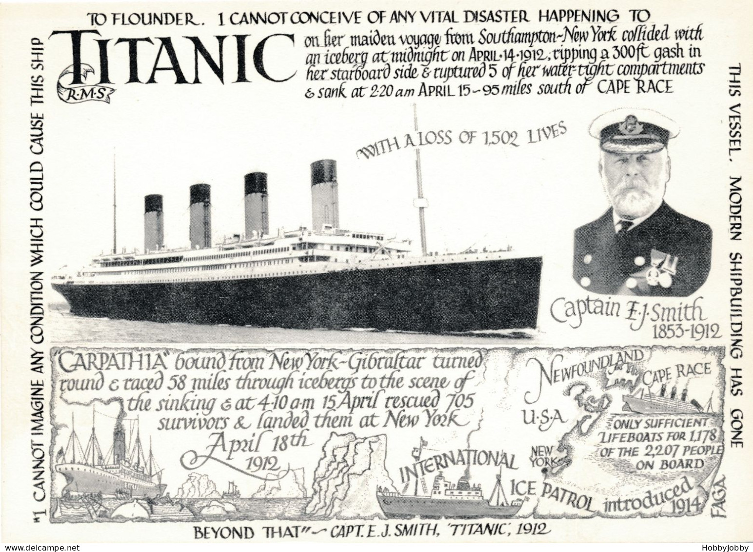 TITANIC: A LOSS OF 1502 LIVES APRIL 18TH 1912 / CARPATHIA - Please DO READ The Informative Text On Front/backside!! - Passagiersschepen