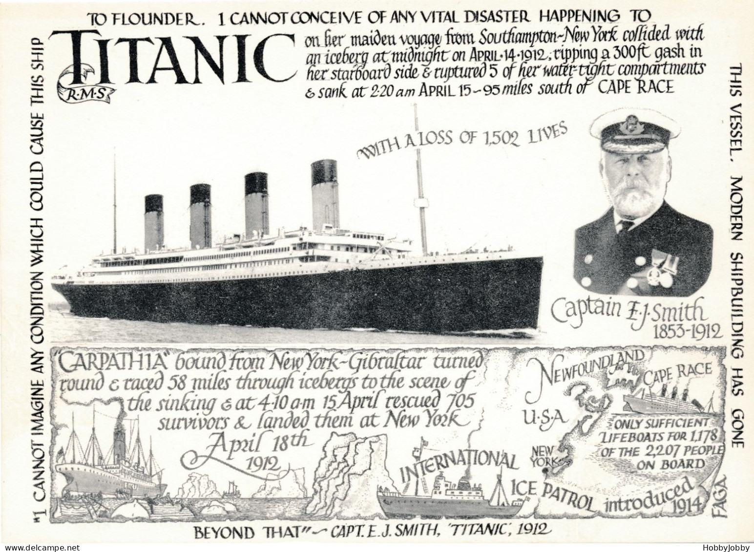 TITANIC: A LOSS OF 1502 LIVES APRIL 18TH 1912 / CARPATHIA - Please DO READ The Informative Text On Front/backside!! - Catástrofes