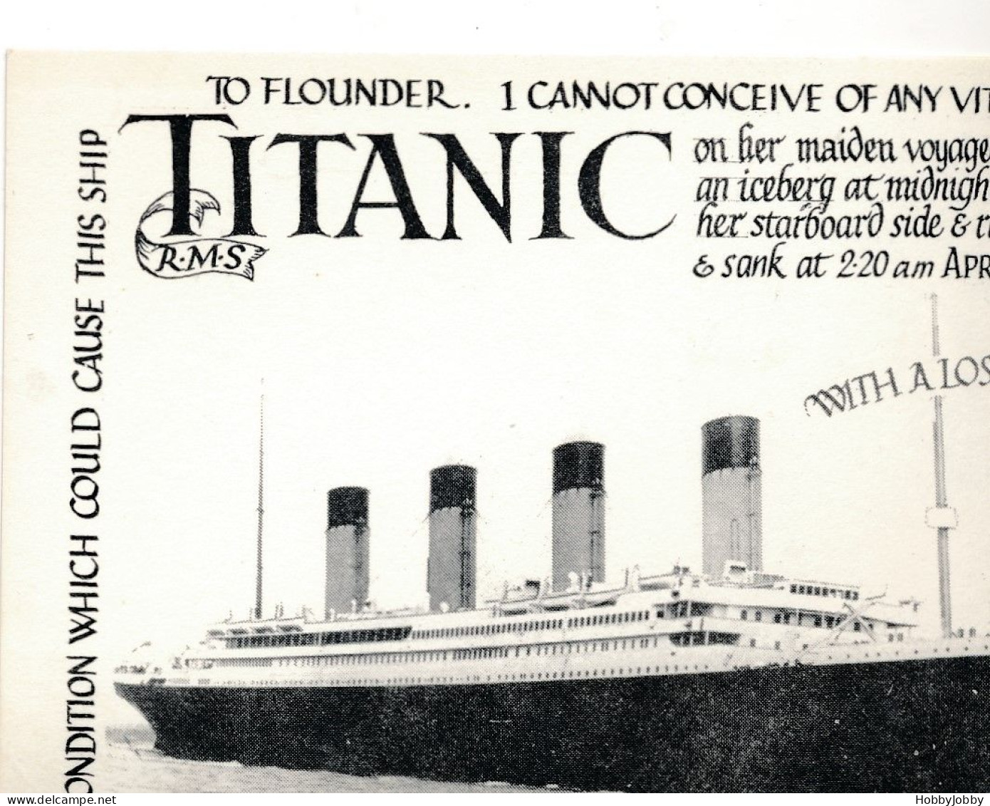 TITANIC: A LOSS OF 1502 LIVES APRIL 18TH 1912 / CARPATHIA - Please DO READ The Informative Text On Front/backside!! - Dampfer