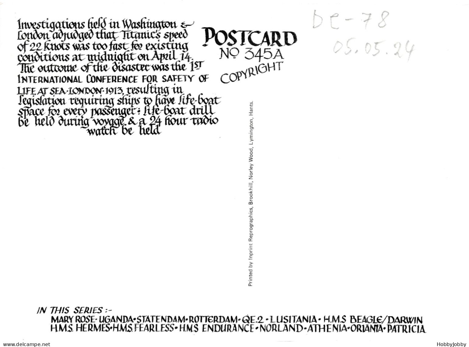 TITANIC: A LOSS OF 1502 LIVES APRIL 18TH 1912 / CARPATHIA - Please DO READ The Informative Text On Front/backside!! - Catastrophes