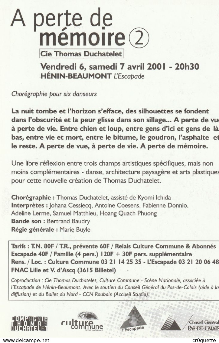 # THEME - PROGRAMME / 62110 HENIN BEAUMONT - à PERTE De MEMOIRE - CIE THOMAS DUCHATELET En 2001 - Werbung