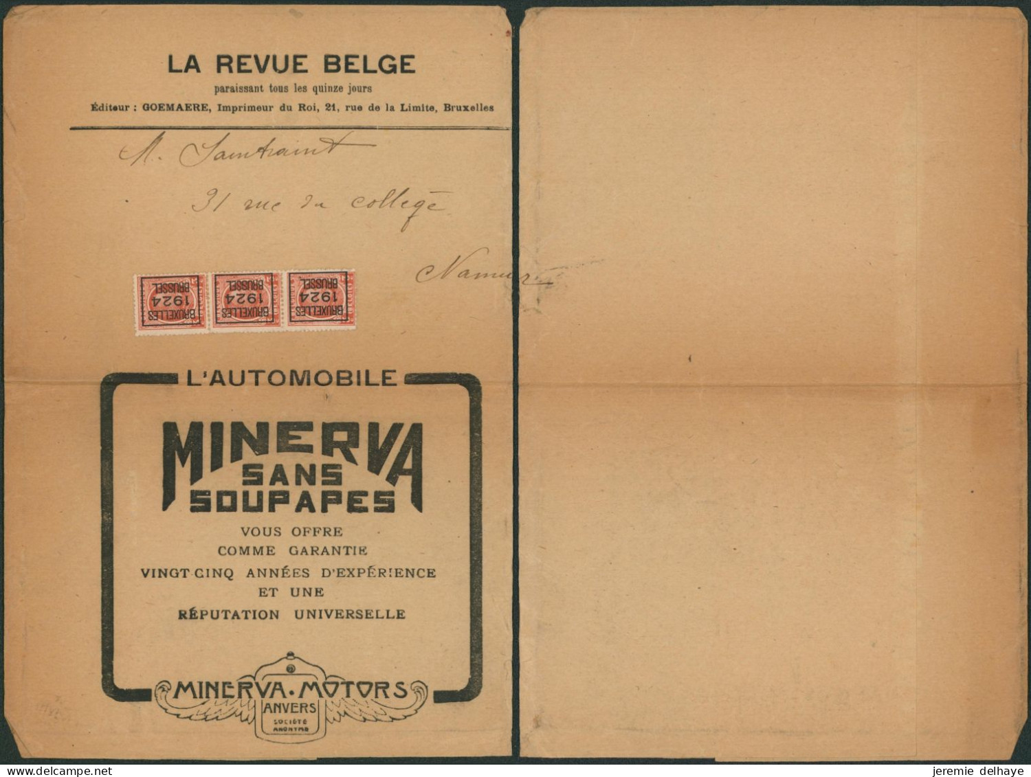 Houyoux - N°192 X3 (tarif !) Sur Bande Pour Imprimé (complet) "La Revue Belge" + Typo "Bruxelles 1924 Brussel" > Namur - 1948 Exportación