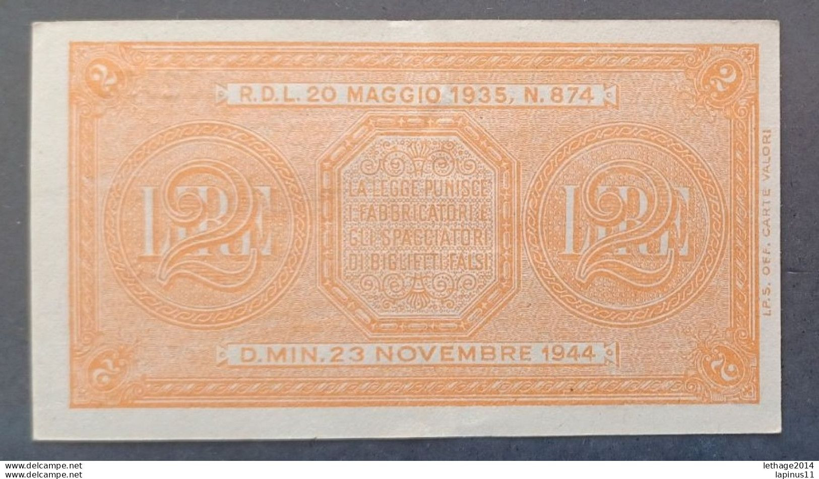 BANKNOTE ITALIA REGNO VITTORIO EMANUELE 2 LIRE 1944 VENTURA GIOVINCO NON CIRCOLATA - Italië – 2 Lire