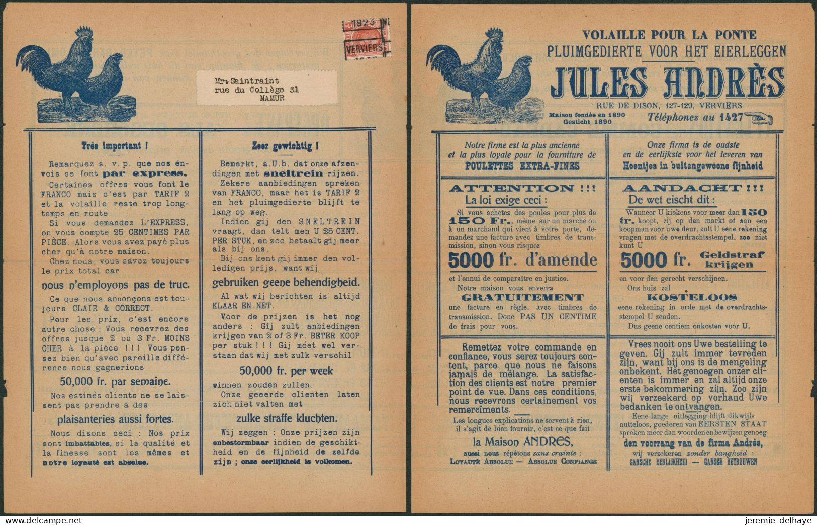 Houyoux - N°192  Sur Dépliant PUB "Jules Andres, Volaille Pour La Ponte" + Préo "Verviers 1923" > Namur - 1948 Exportación