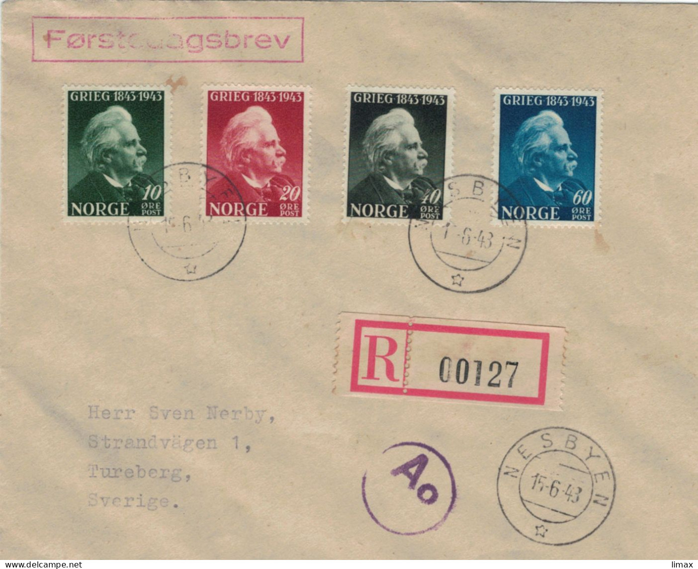 Reko Nesbyen 15.6.1943 Ersttag > Tureberg - Zensur OKW Ao (Oslo) - Edvard Grieg Pianist Satzfrankierung - Lettres & Documents