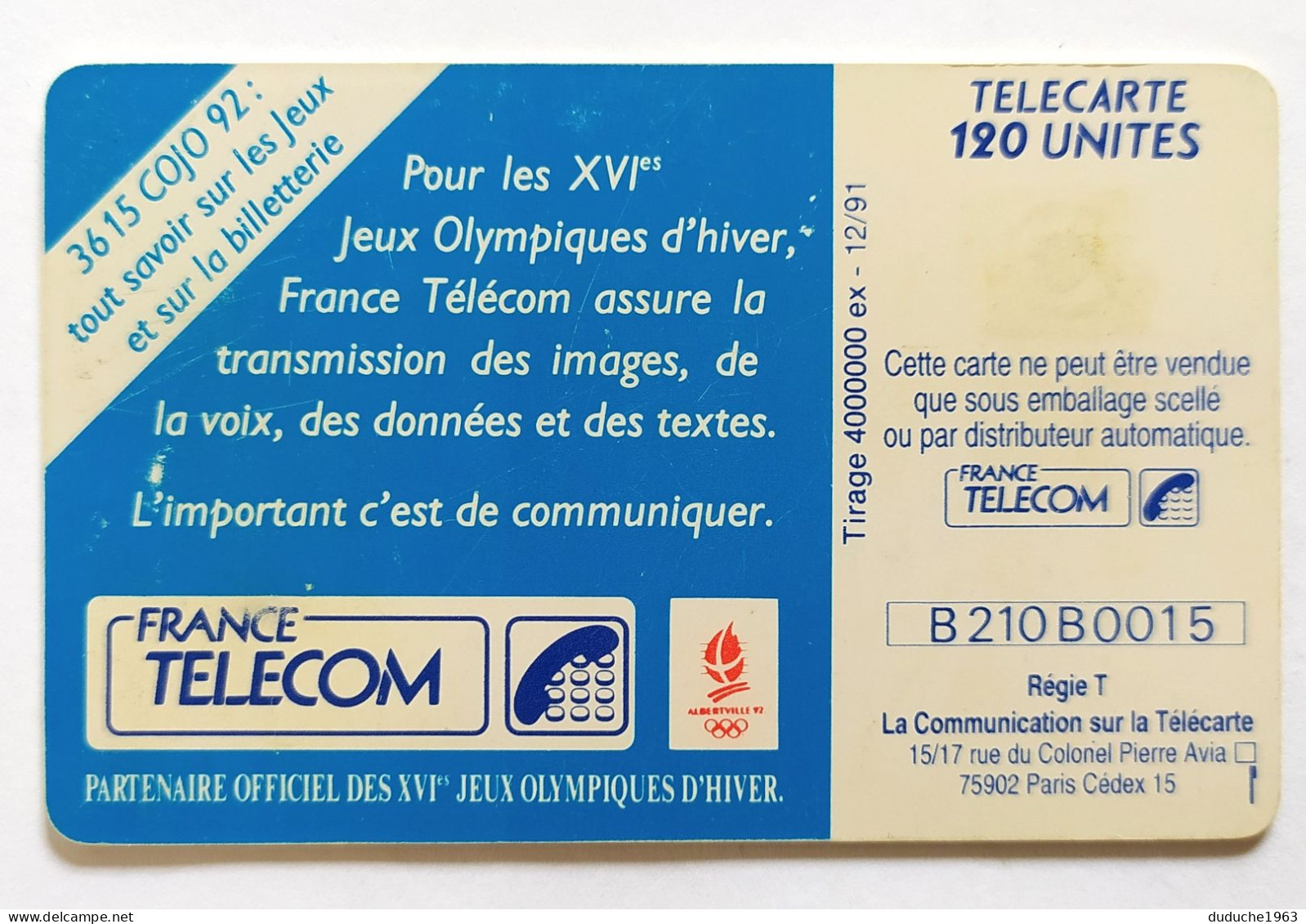 Télécarte France - Jeux Olympiques D'Hiver 1992 - Zonder Classificatie