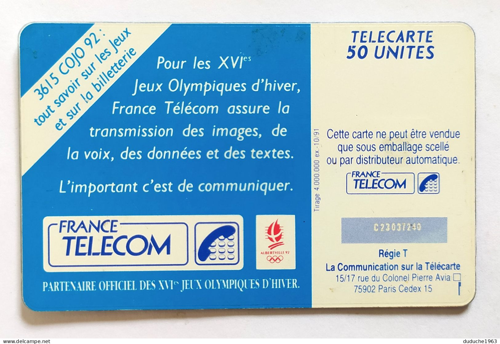 Télécarte France - Jeux Olympiques D'Hiver 1992 - Unclassified