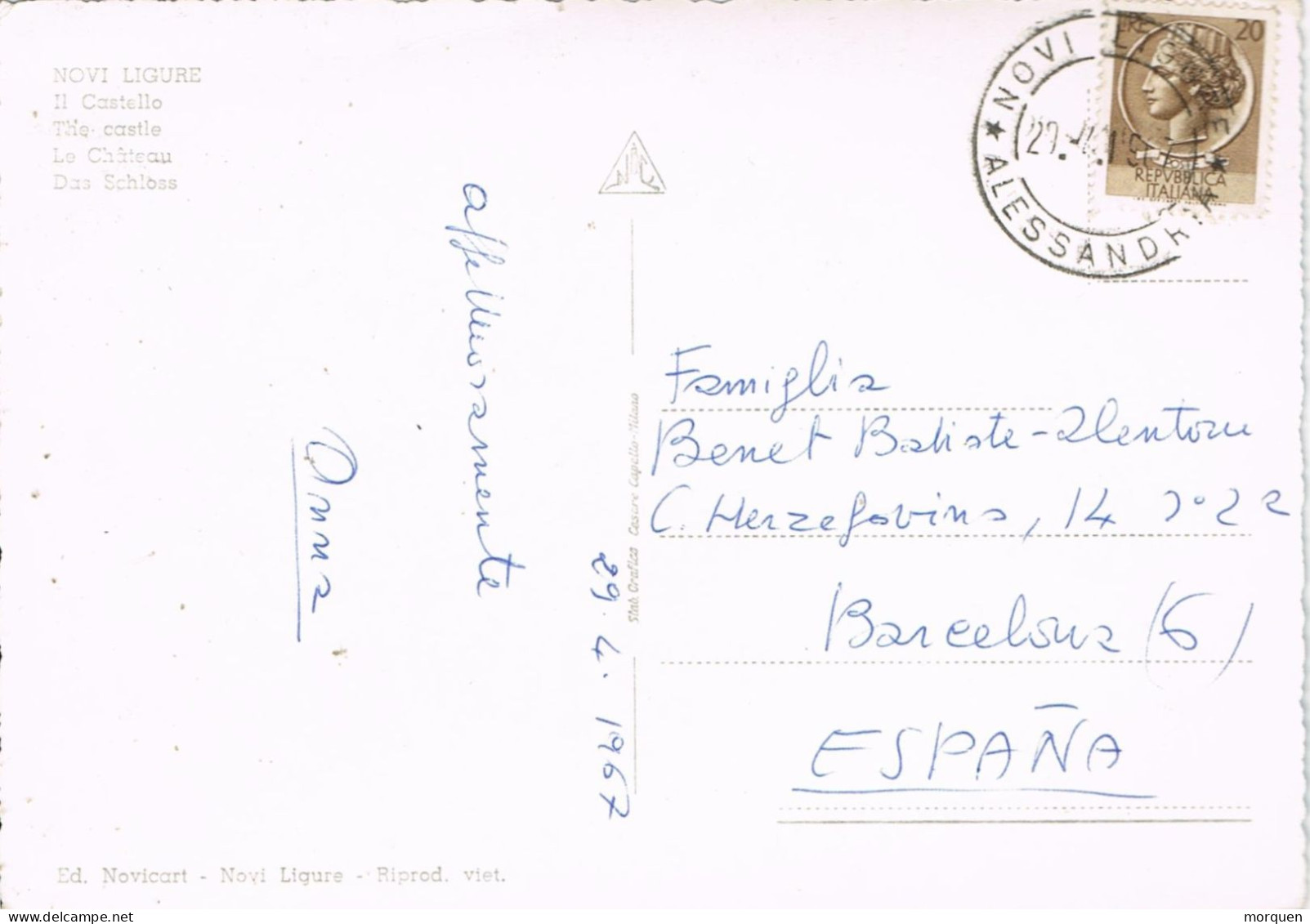 54790. Postal NOVI LIGURE (Alessandria) Italia 1967,  Castello Di Novi Ligure - 1961-70: Poststempel