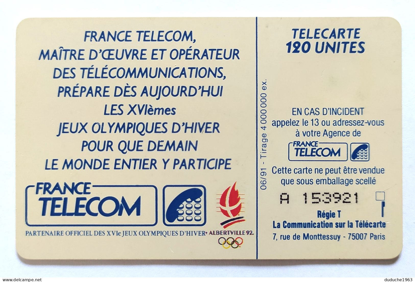 Télécarte France - Jeux Olympiques D'Hiver 1992 - Ohne Zuordnung