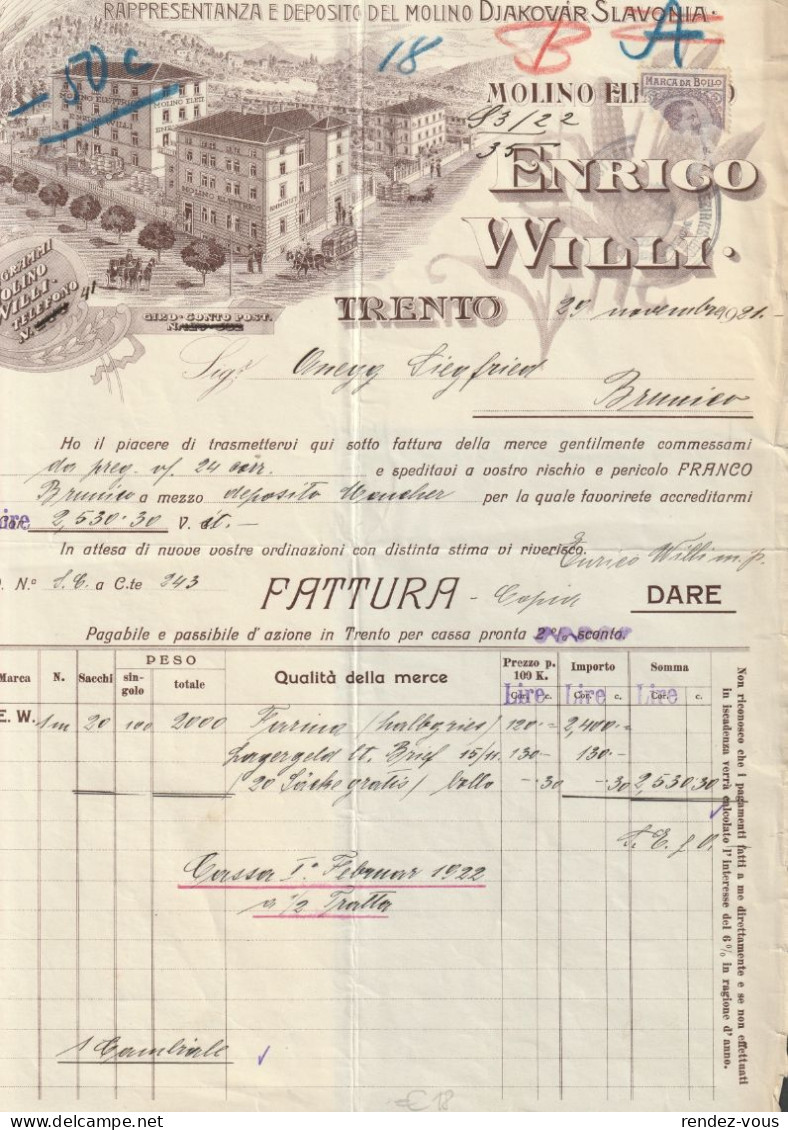 Fattura Comm.  -  Anno  1921 - Trento  -  " Ditta  Enrico Willi "  Rappresentanza  E  Deposito  Molino Djakovar Slavonia - Italia