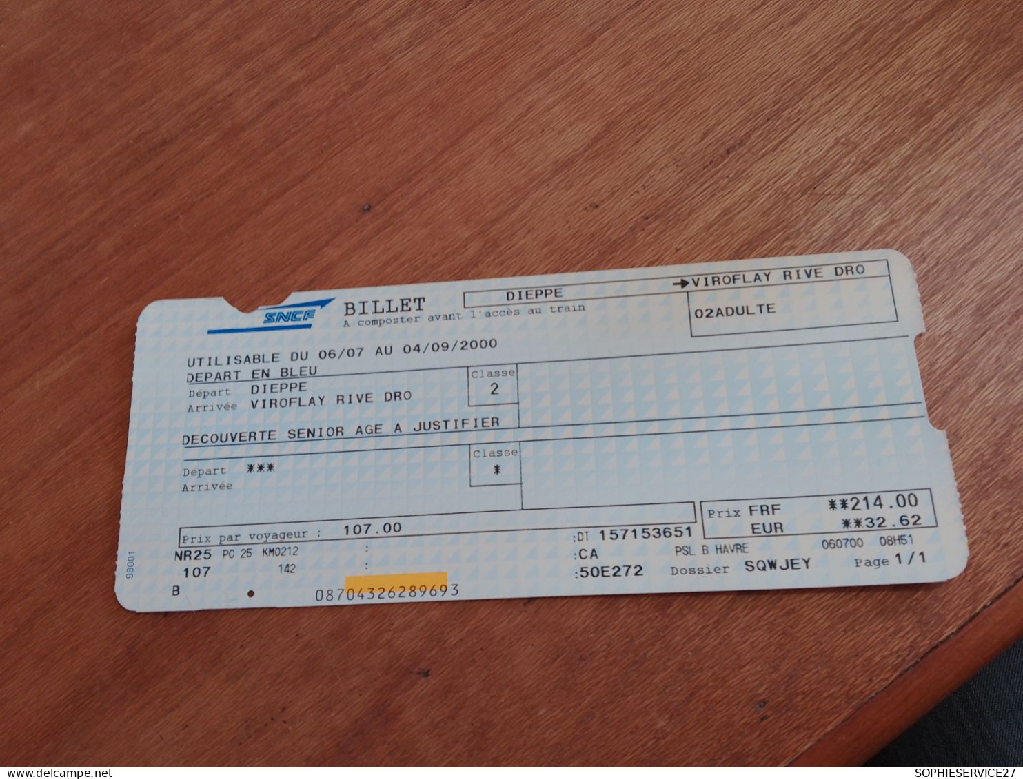 557 // BILLET SNCF ANNEE 2000 / DIEPPE - VIROFLAY - Europa