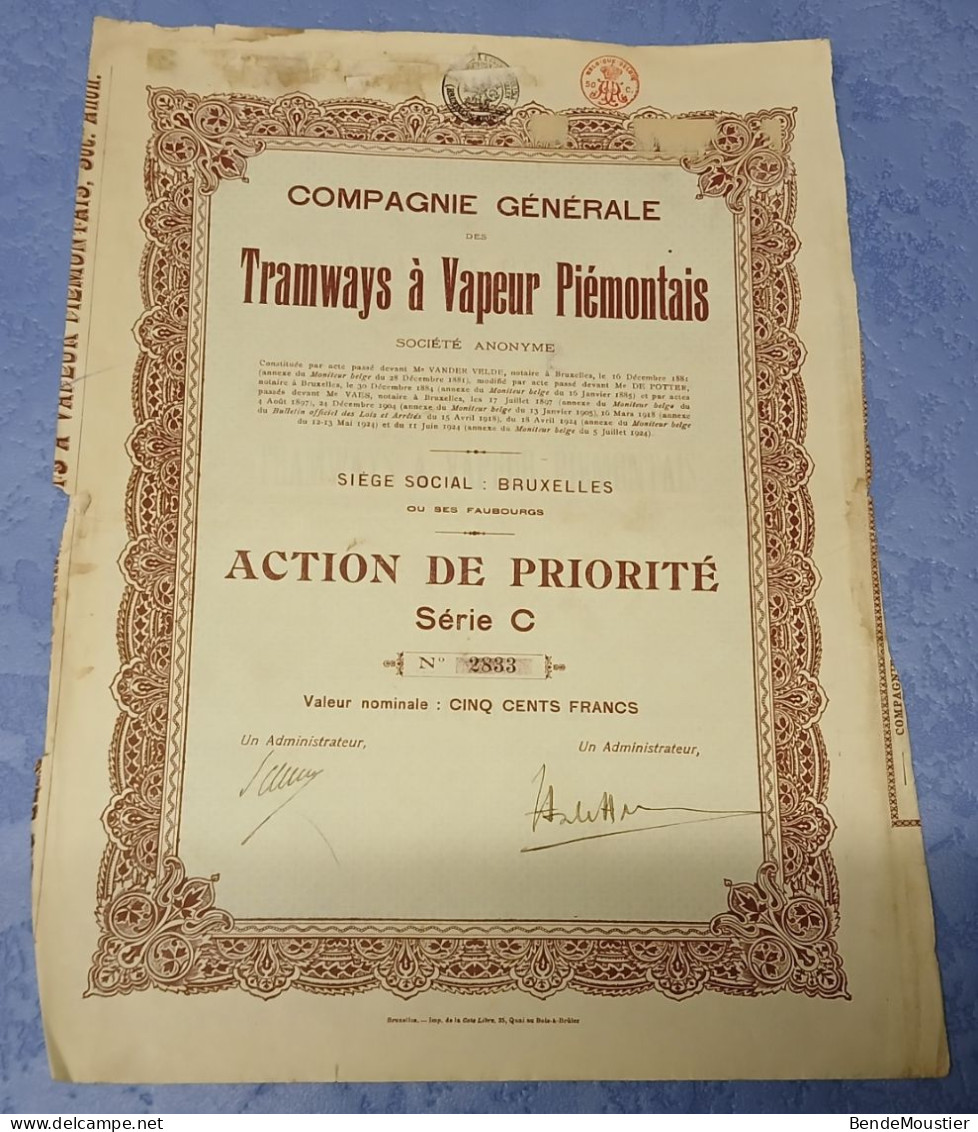 Compagnie Générale Des Tramways à Vapeur Piémontais S.A. - Action De Priorité Série C - Bruxelles 1924. - Bahnwesen & Tramways