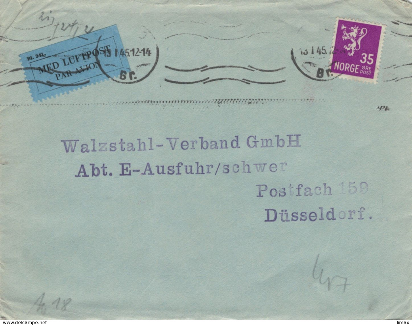 Jens Rolfsen Oslo 13.1.1945 > Walzstahlverband E-Ausfuhr Schwer Düsseldorf - Zensur OKW - Lettres & Documents