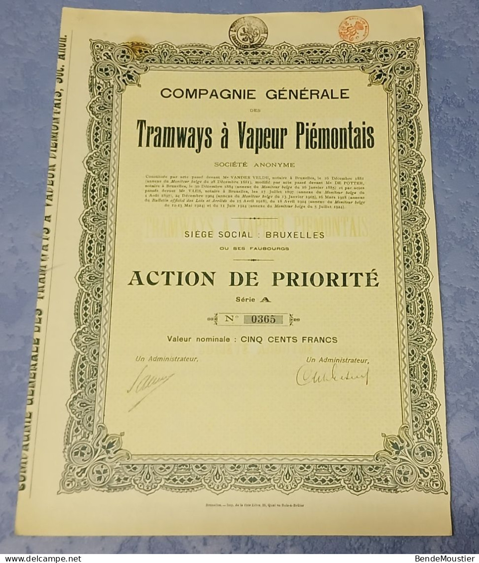Compagnie Générale Des Tramways à Vapeur Piémontais S.A. - Action De Priorité Série A - Bruxelles 1924. - Spoorwegen En Trams