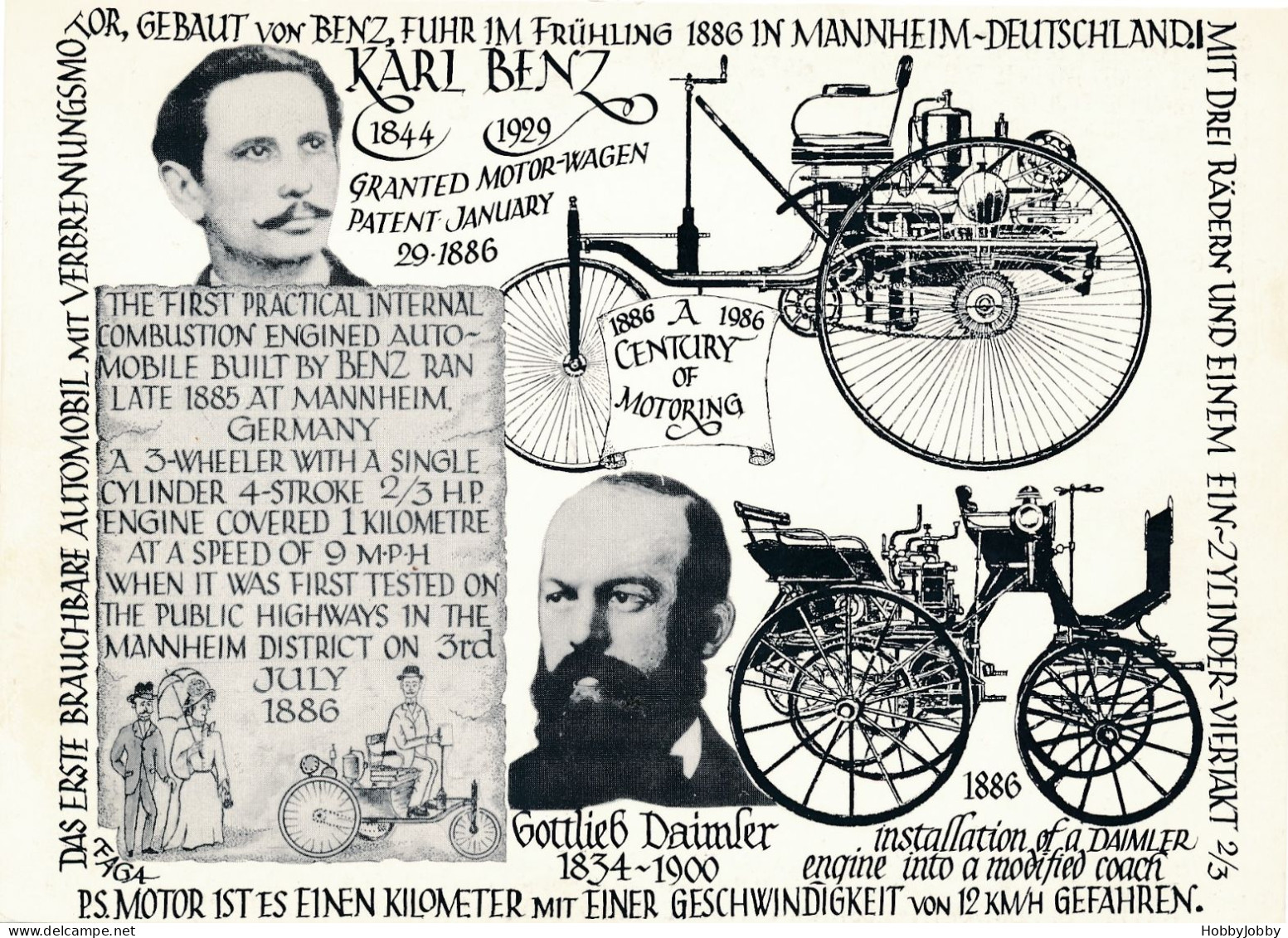 Karl BENZ - Gebaut Von BENZ,im Frühling 1886 In Mannheim - Deutschland + Gottlieb DAIMLER 1886 - PKW
