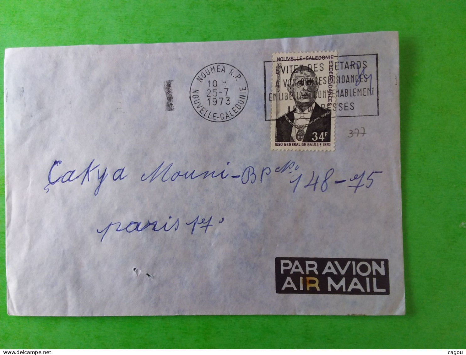 N° 377 SEUL DE GAULLE  SUR LETTRE PAR AVION DE NOUVELLE CALEDONIE OBLITÉRATION NOUMEA RP - Collections, Lots & Séries