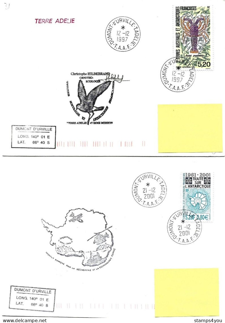 PO - 48 - 4 Plis Terre Adélie Avec Cachets Illustrés - Cartas & Documentos