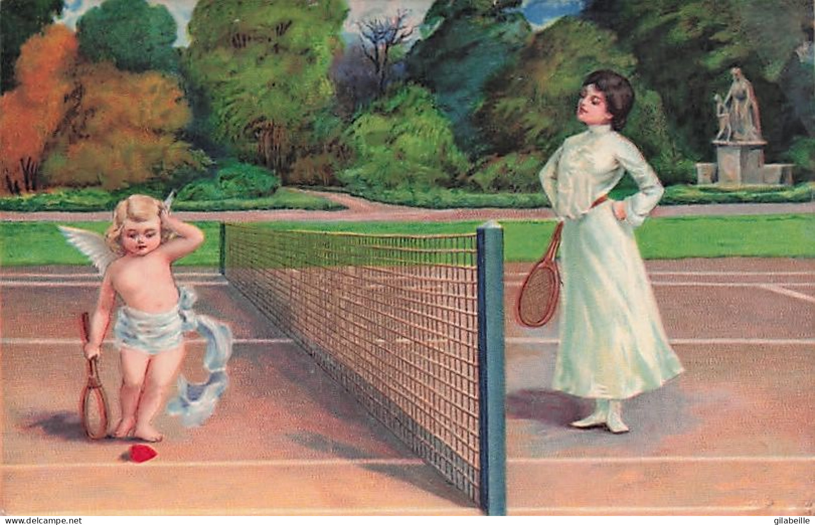 Illustrateur - 1900  -  TENNIS   - Petit Ange Disputant Une Partie De Tennis Avec Une Femme Et Un Petit Coeur-  - 1900-1949