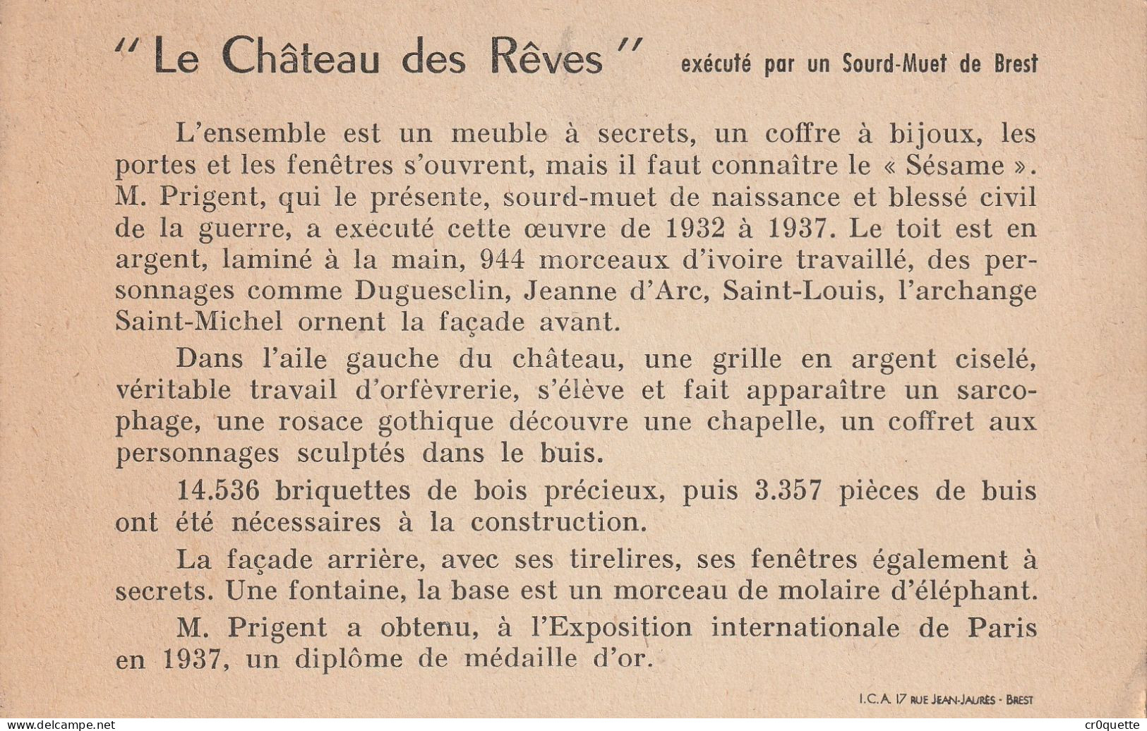 # THEME - "le CHÂTEAU Des RÊVES" EXECUTE Par Un SOURD MUET (Mr PRIGENT) à 29200 BREST - Other & Unclassified