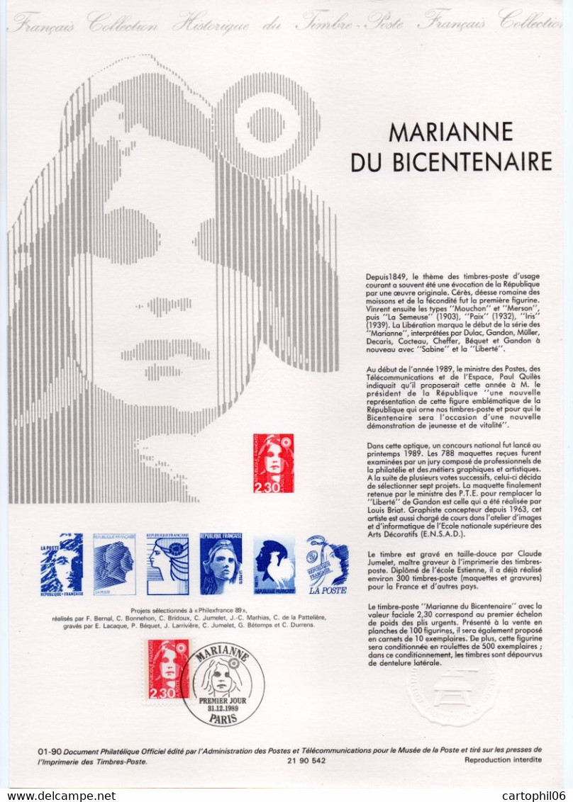 - Document Premier Jour MARIANNE DU BICENTENAIRE - PARIS 31.12.1989 - - 1989-1996 Marianne (Zweihunderjahrfeier)