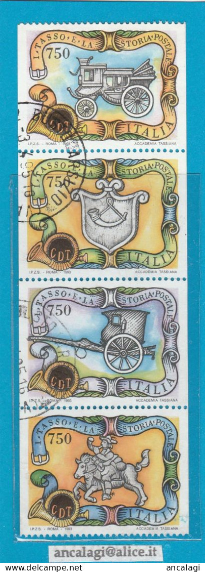 USATI ITALIA 1993 - Ref.0680 "I TASSO E LA STORIA POSTALE" Striscia Di 4 Val. - - 1991-00: Gebraucht