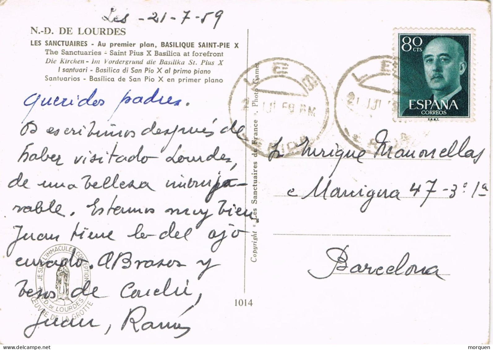 54794. Postal LÉS (Lerida) 1959. Vista Del Santuario De LOURDES - Briefe U. Dokumente