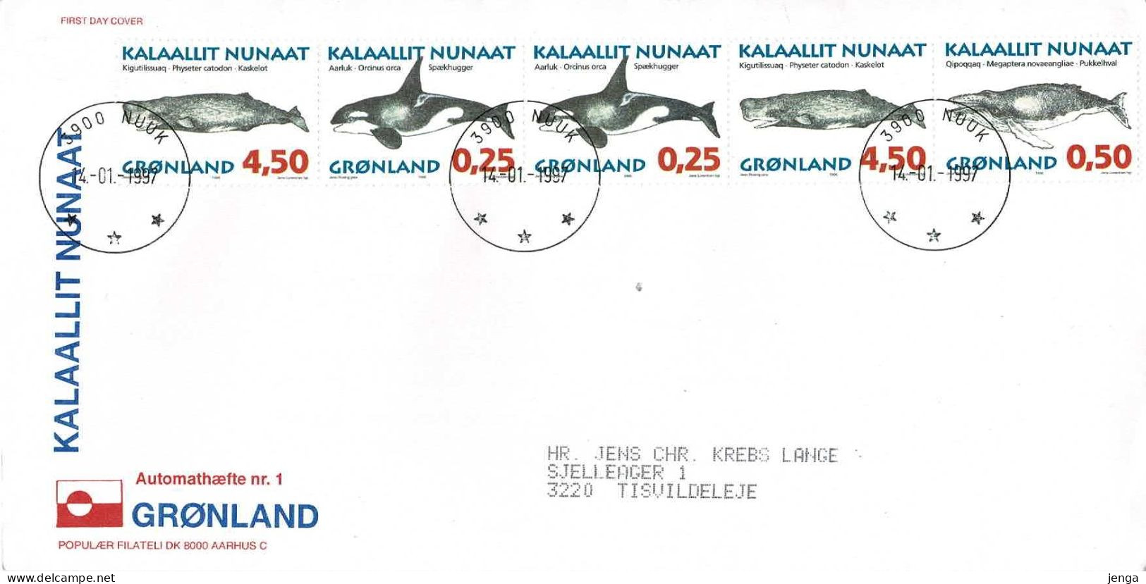 Greenland 1997; Whales.  Booklet Pane On FDC (Populær Filateli). - Walvissen