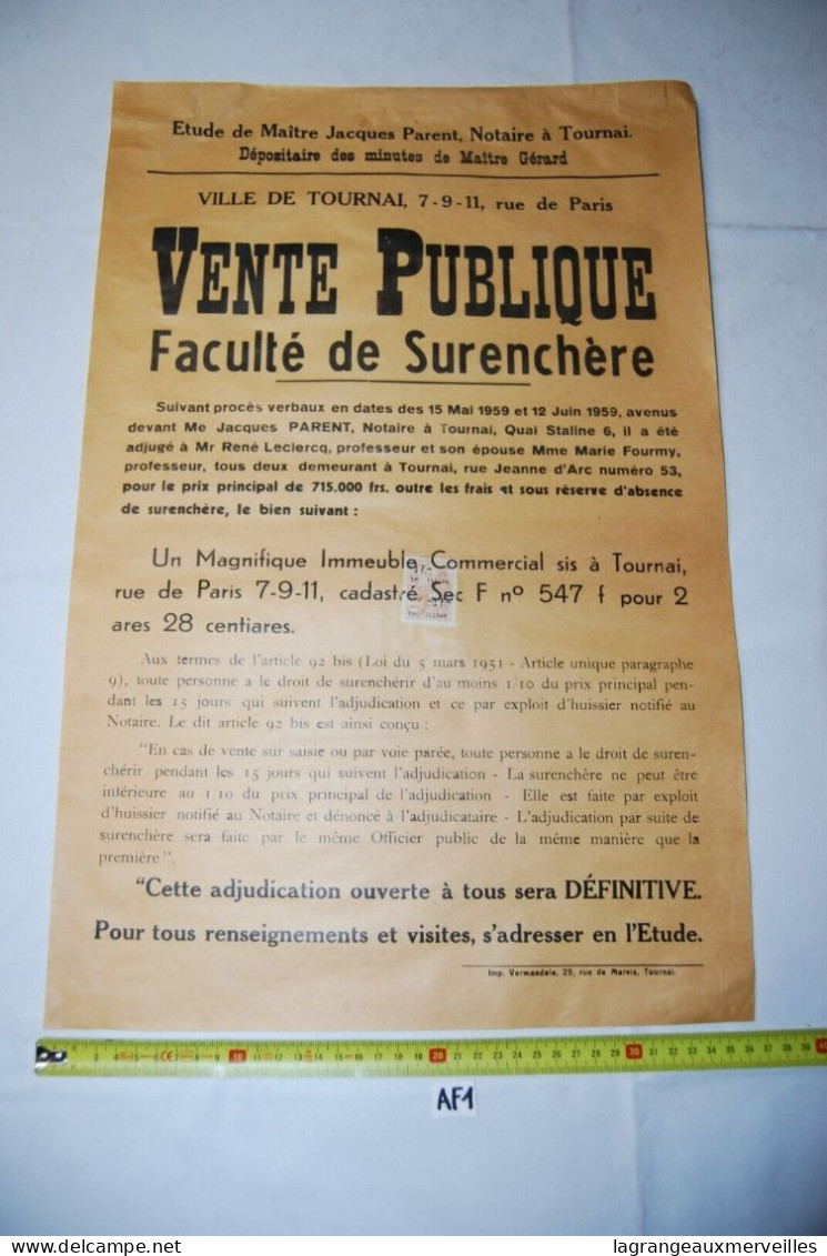 AF1 Affiche - Vente Publique Notaire - Tournai - Notaire Gérard - 1959 N°6 - Posters