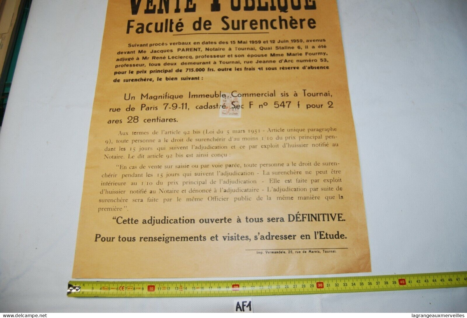 AF1 Affiche - Vente Publique Notaire - Tournai - Notaire Gérard - 1959 N°6 - Posters