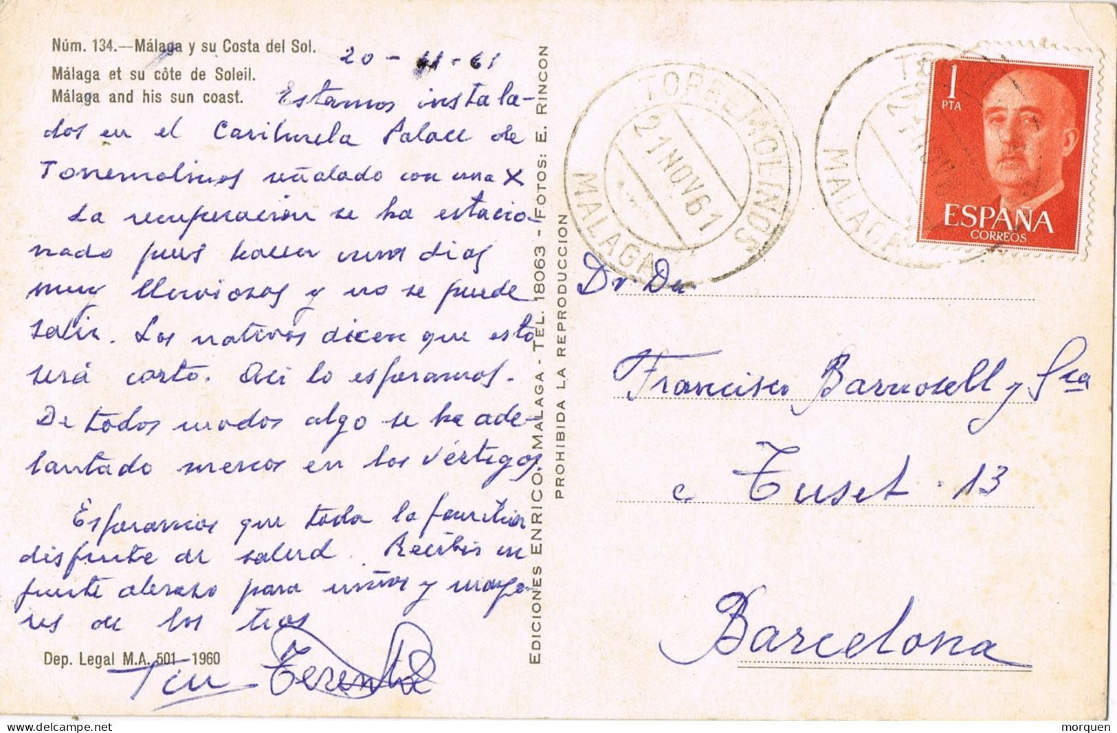 54796. Postal TORREMOLINOS (Malaga) 1961. Vista De Malaga Y La Costa Del Sol - Covers & Documents