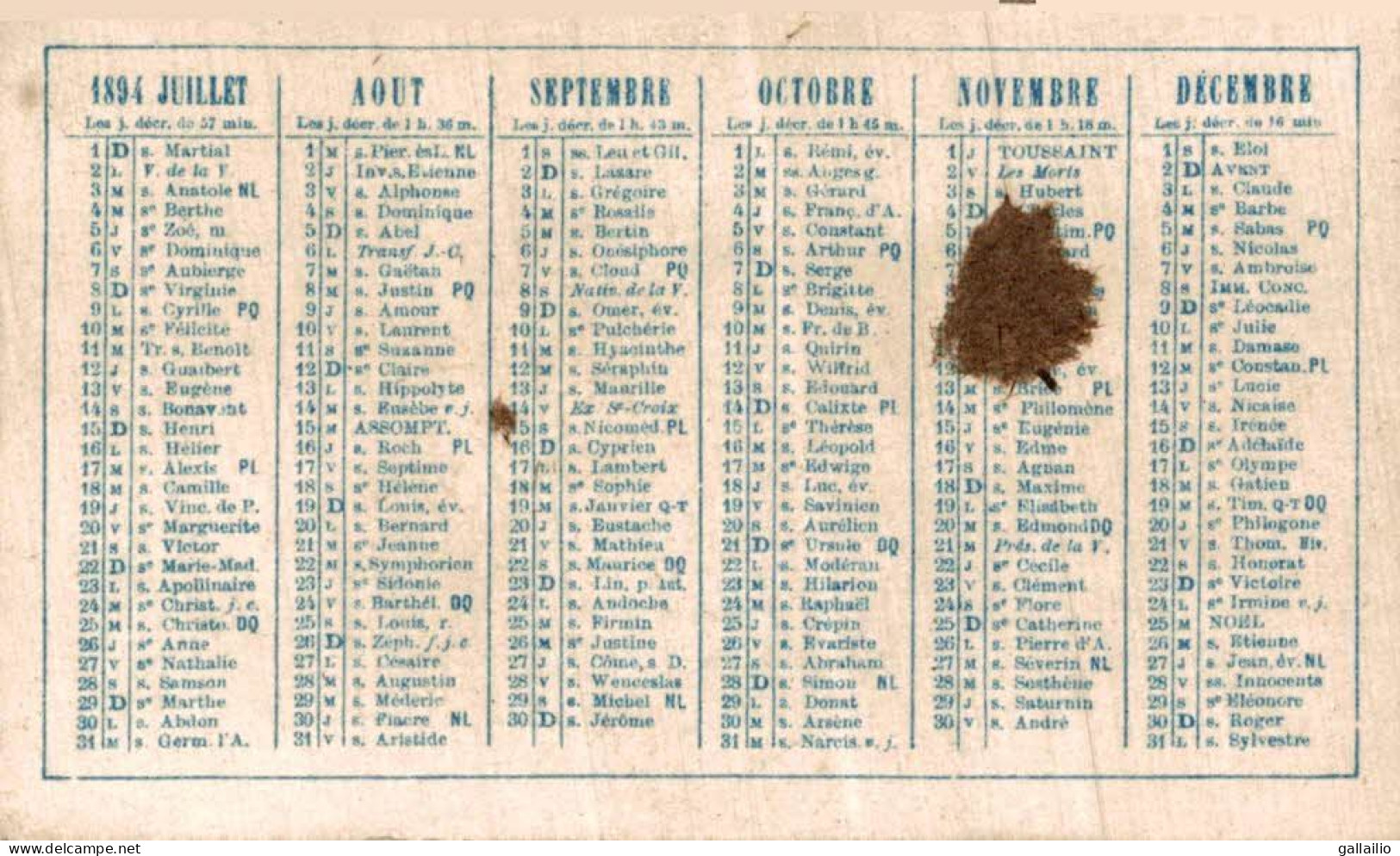 CHROMO  CALENDRIER 1894 DEFILE DE LA QUADRILLE - Other & Unclassified