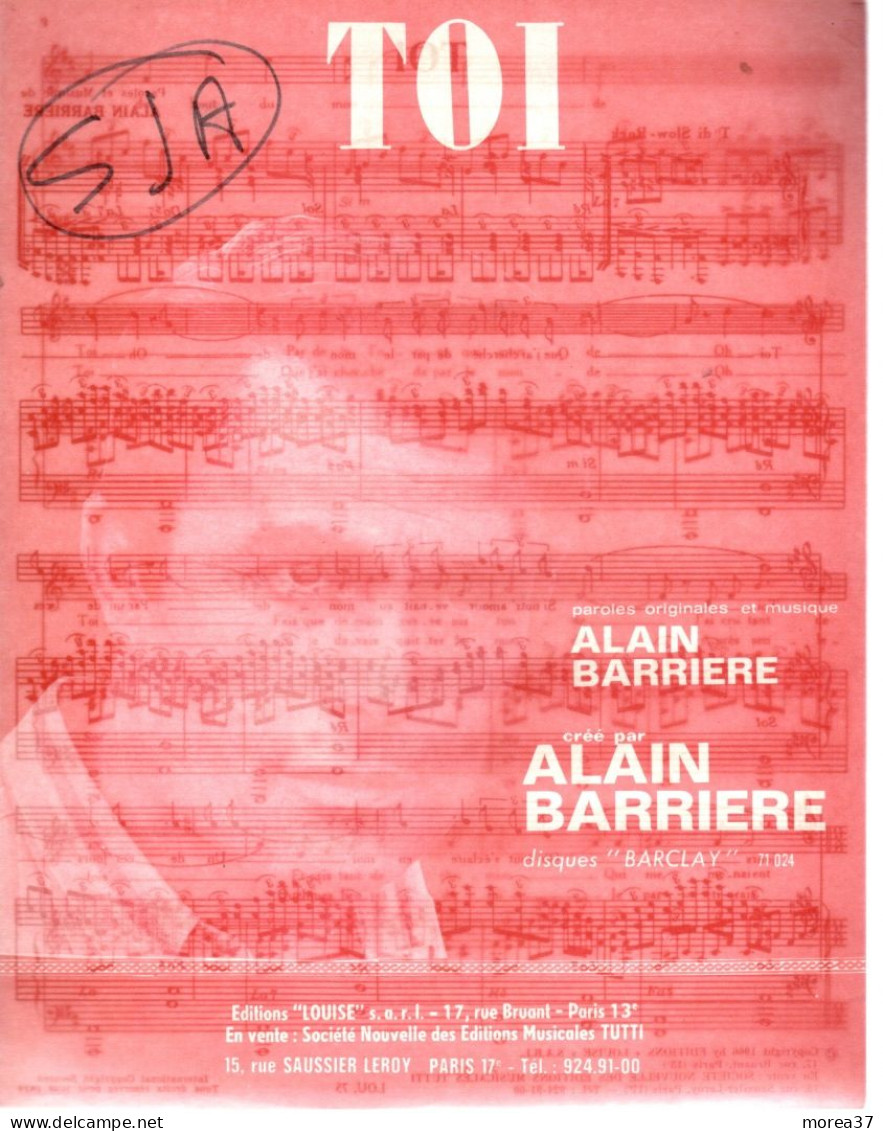 Partition Musicale   " TOI "   Par ALAIN BARRIERE  (BR01) - Partitions Musicales Anciennes