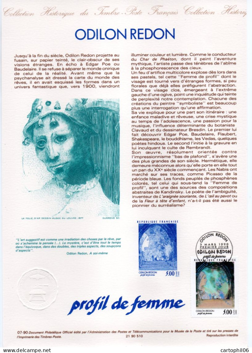 - Document Premier Jour ODILON REDON : Profil De Femme - BORDEAUX 3.3.1990 - - Autres & Non Classés