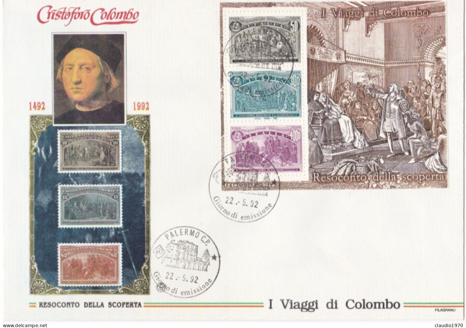 ITALIA  - REPUBBLICA - FDC - CRISTOFORO COLOMBO - I VIAGGI DI COLOMBO   - ANNULLO DI PALERMO - 1992 - FDC