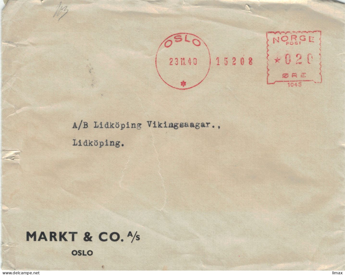 Markt & Co Oslo 1940 Freistempel 1045 > Lidköping Lidköpingsaagar Schweden - Zensur OKW - Briefe U. Dokumente