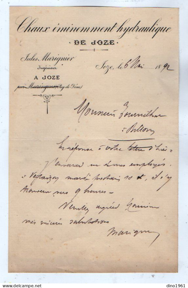 VP23.102 - 1892 - Lettre - Chaux Hydraulique De Joze - M. Jules MARIGNIER, Ingénieur à JOZE - 1800 – 1899