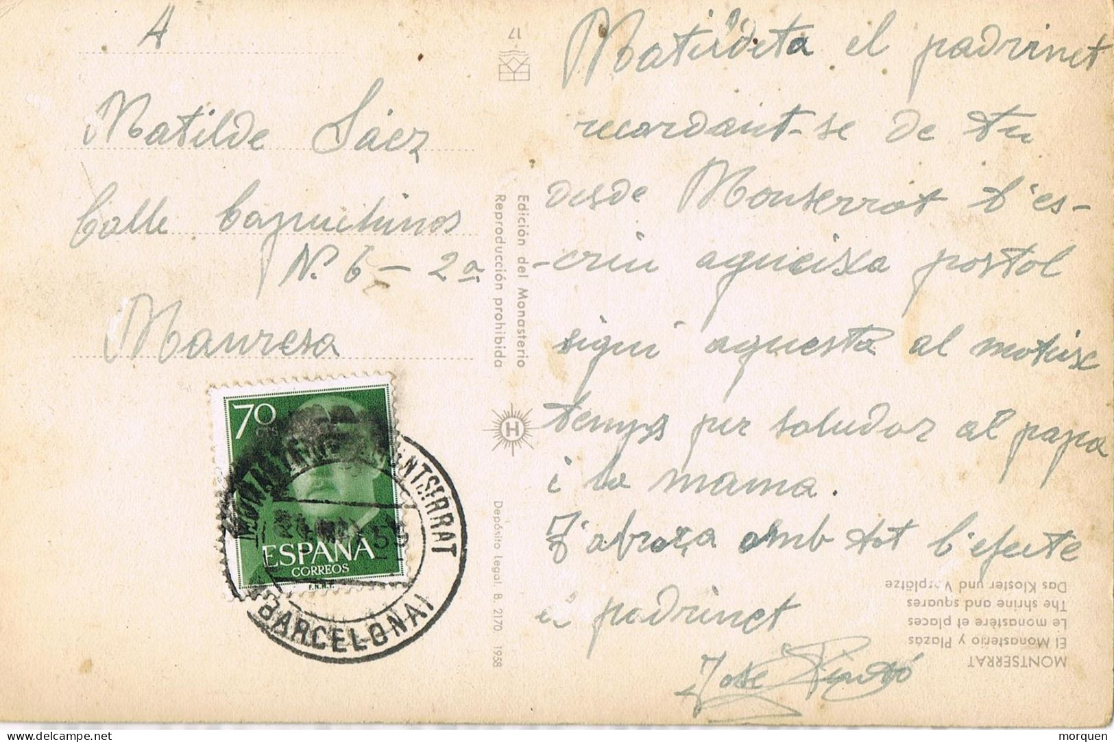 54797. Postal MONASTERIO De MONTSERRAT (Barcelona) 1959. Vista Monasterio Y La Plaza - Cartas & Documentos